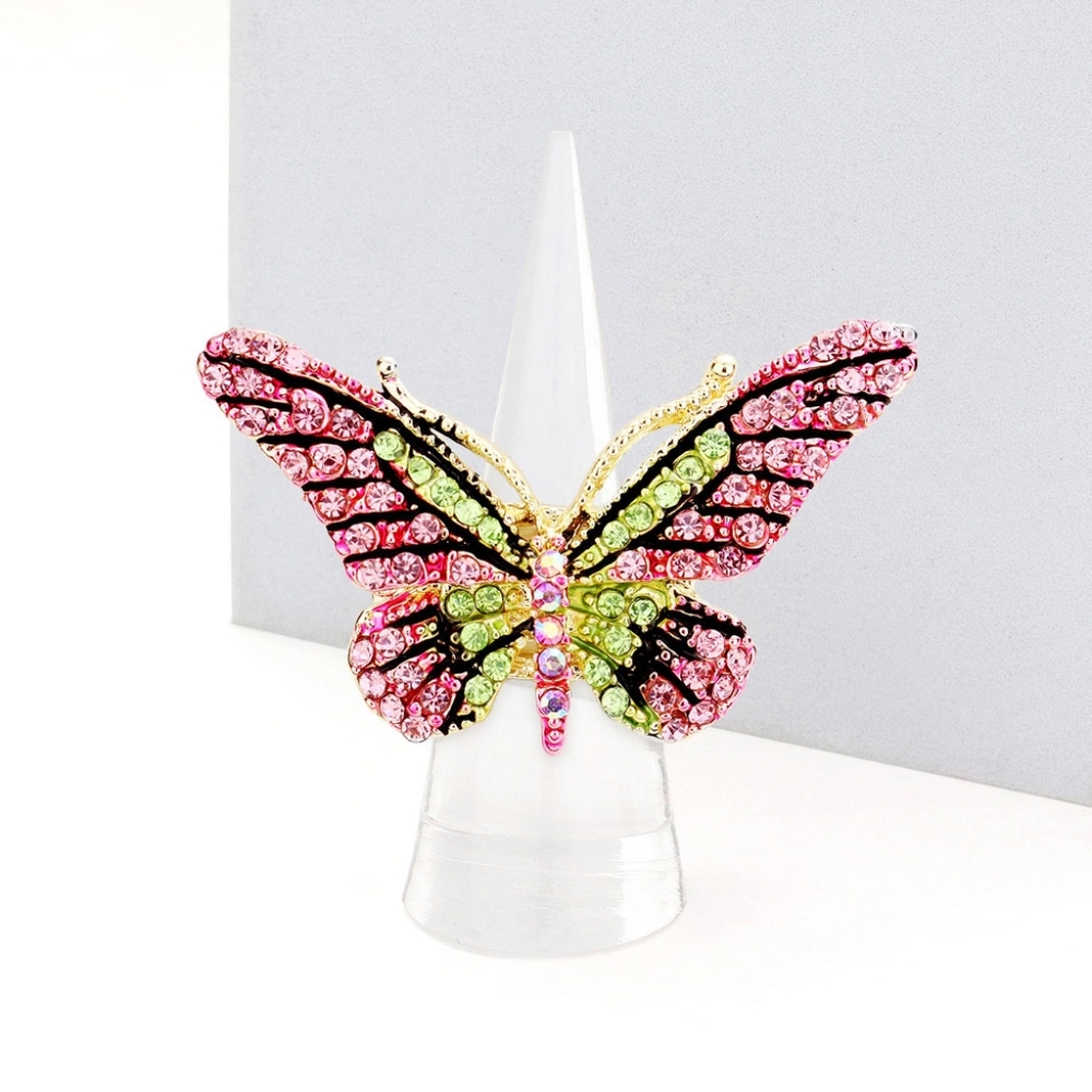 Pink & Green Butterfly Ring Rhinestones Crystal Cute Finger Statement Accessory